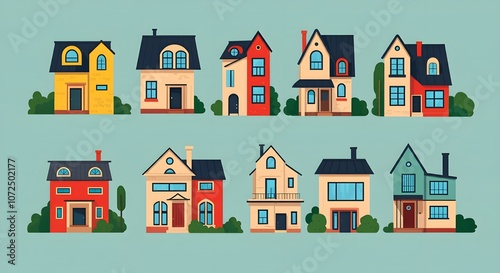 Modern House Designs for Every Style, Unique Home Illustrations Collection, Vibrant Architectural House Concepts, Minimalist House Designs with Greenery, Colorful Cartoon House Inspirations.