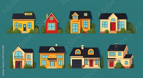 Modern House Designs for Every Style, Unique Home Illustrations Collection, Vibrant Architectural House Concepts, Minimalist House Designs with Greenery, Colorful Cartoon House Inspirations.