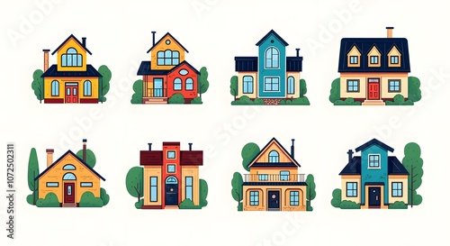 Modern House Designs for Every Style, Unique Home Illustrations Collection, Vibrant Architectural House Concepts, Minimalist House Designs with Greenery, Colorful Cartoon House Inspirations.