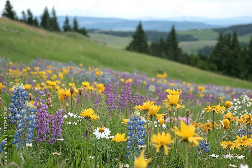 Obraz premium Blooming wildflower meadow under clear blue sky.