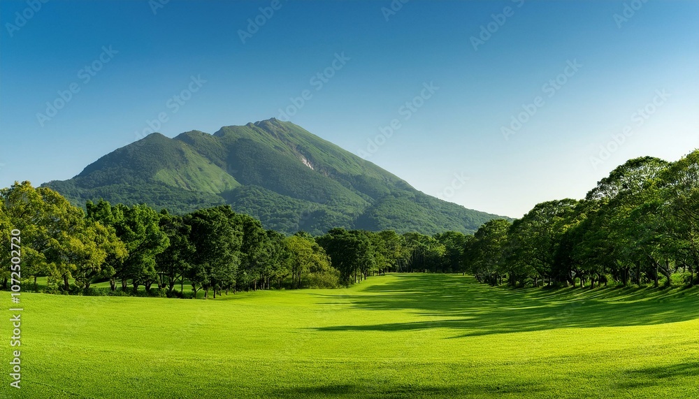 Fototapeta premium a lush green field with a mountain in the background the field is full of trees and the sky is clear