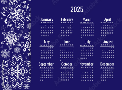 Calendar for 2025 with snowflakes on a blue background. Week starts on Monday. Vector illustration in horizontal format.