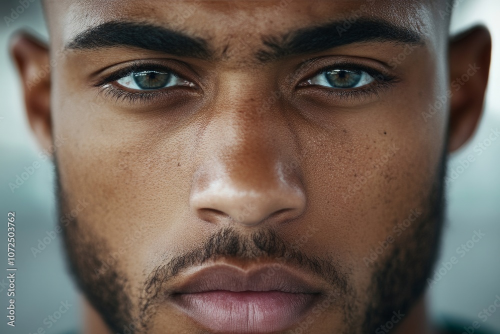 Obraz premium An intense close-up of a bearded man showcasing his strong features and piercing eyes. His serious expression reveals depth and character, portrayed in rich detail.