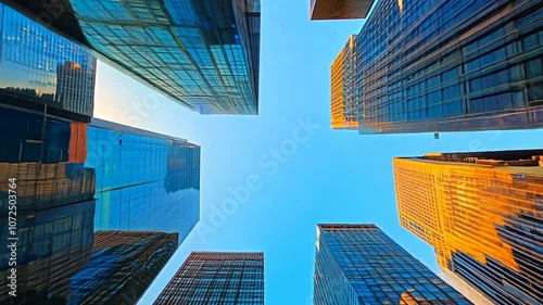 Business and Finance Concept. View Looking up at Modern Office Building Architecture in the Financial District. Office Building Windows, Corporate Offices of Successful Companies photo