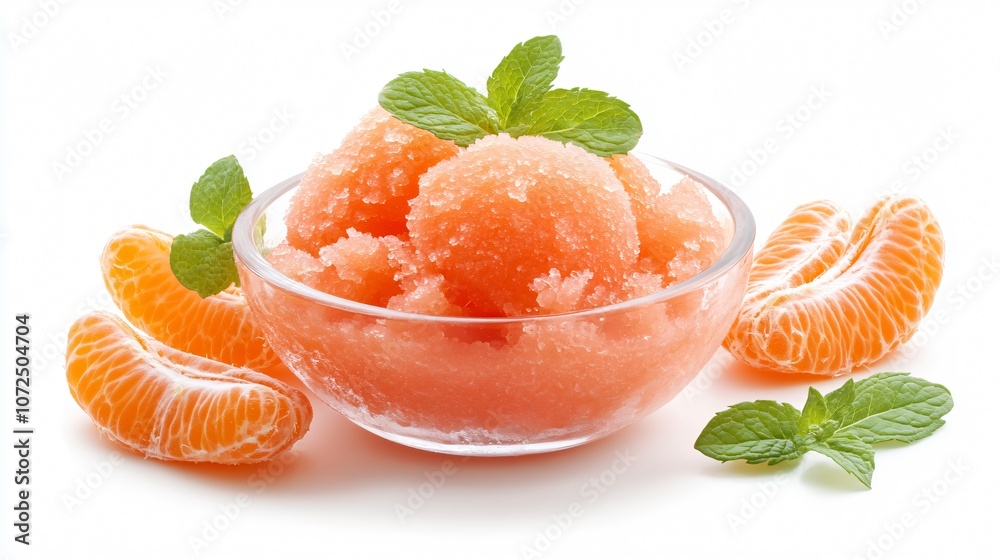 Refreshing tangerine sorbet served in a bowl, isolated on a white background with fresh tangerine slices and mint leaves around Refreshing tangerine sorbet served in a bowl, isolated on a white background with fresh tangerine slices and mint leaves around