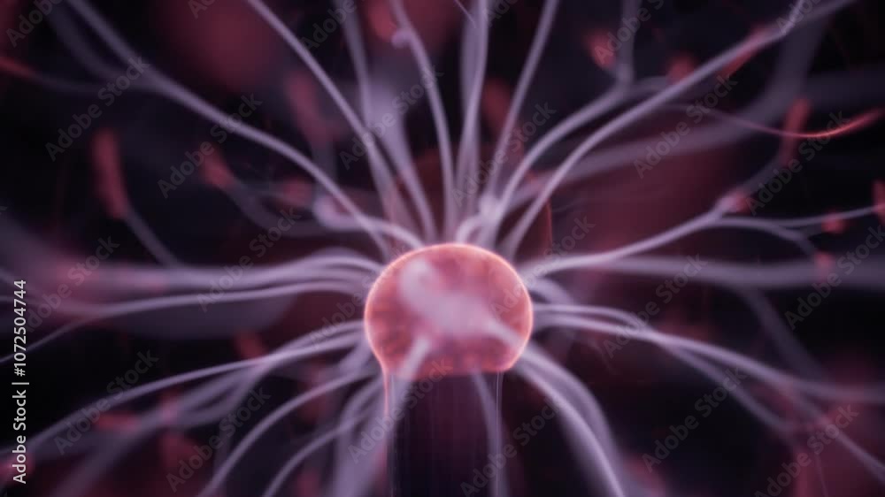 Red and white energy beams inside the plasma ball on a black background. Slow motion. Red and white energy beams inside the plasma ball on a black background. Slow motion.