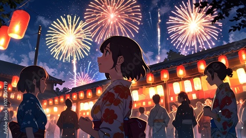 Enchanted evening at the summer festival with fireworks illuminating the night sky and joyful crowds in traditional attire. Generative AI