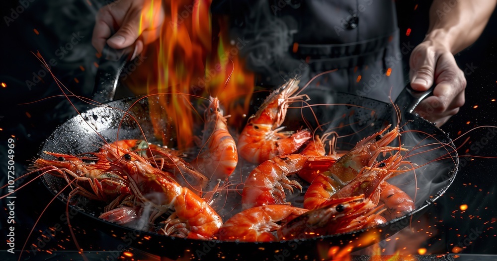 The chef is seen flinging prawns from a burning wok pan in close-up, Generative AI. The chef is seen flinging prawns from a burning wok pan in close-up, Generative AI.