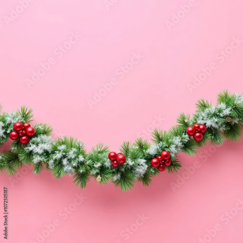 christmas garland mock up copy space, pink background, merry christmas and happy new year