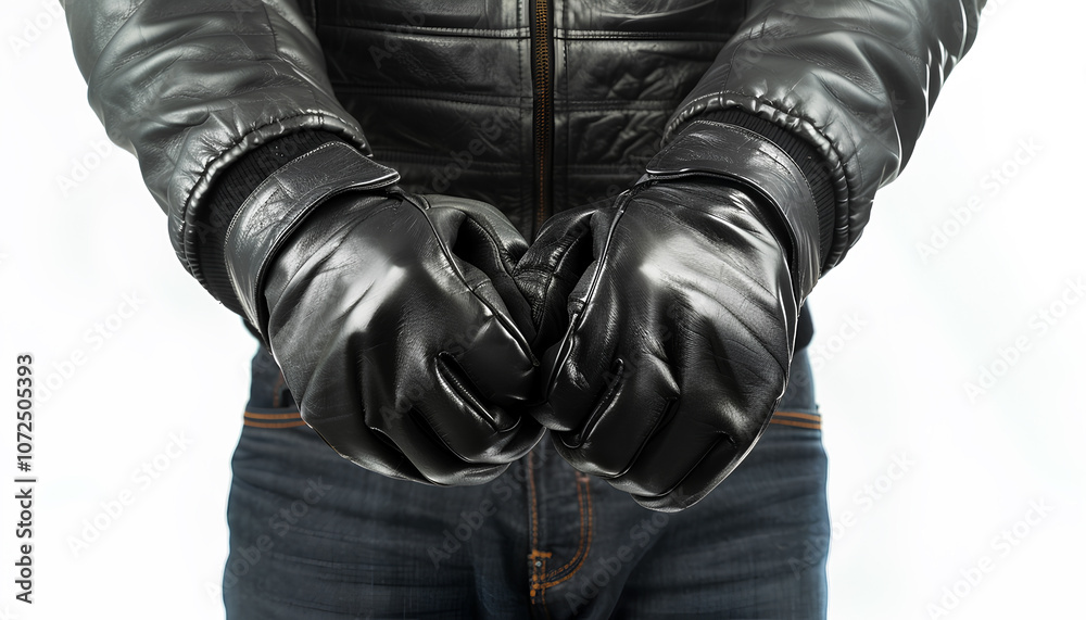 Male hands in black leather gloves isolated on white background, closeup Male hands in black leather gloves isolated on white background, closeup