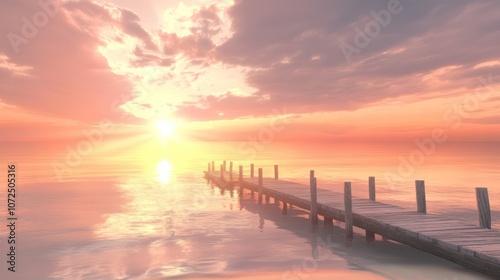Wallpaper Mural A wooden pier extends into a calm lake at sunset, with a bright orange sky and clouds reflecting in the water. Torontodigital.ca