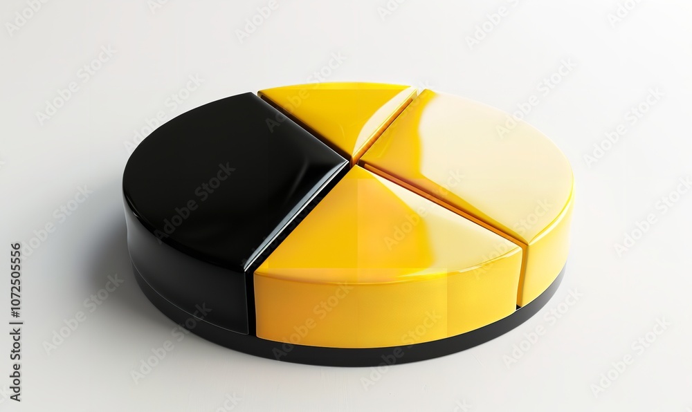Fototapeta premium Three-dimensional pie chart in black and yellow on a white basis. Company disbanded, Generative AI.