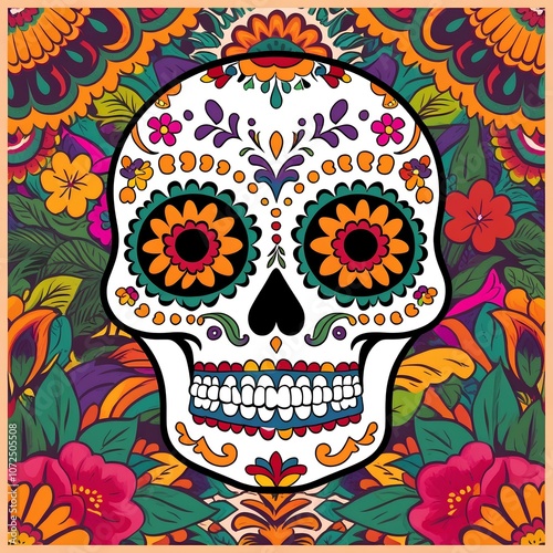 Vibrant illustration of a flower-adorned sugar skull in celebration of the Day of the Dead . Generated with AI






