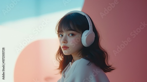 Young Woman with Headphones in Colorful Studio Setting photo