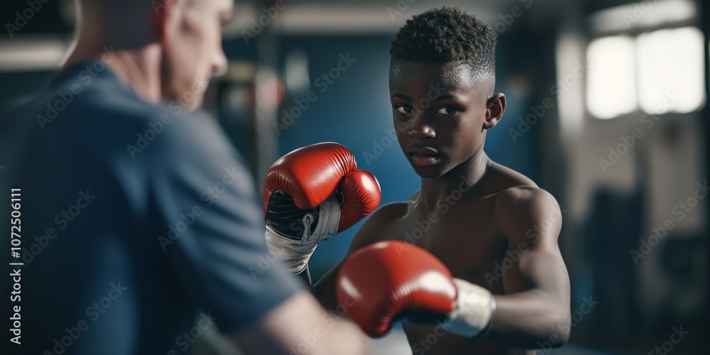 A young aspiring boxer with determination in his eyes practices with a coach. The training scene captures the spirit of discipline and hard work. Fitness coaching brought to life. AI A young aspiring boxer with determination in his eyes practices with a coach. The training scene captures the spirit of discipline and hard work. Fitness coaching brought to life. AI