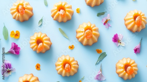 Tangerine mini Bundt cakes with tangerine drizzle, on a light blue background with edible flower petals photo