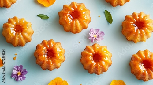 Tangerine mini Bundt cakes with tangerine drizzle, on a light blue background with edible flower petals