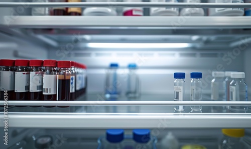 Vaccine glass vials arranged in a row in a cold medical refrigerator, Generative AI. photo