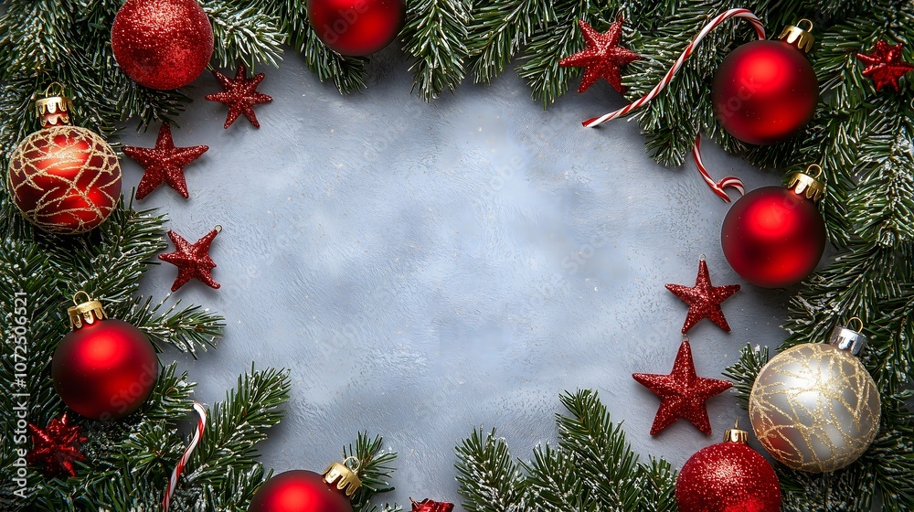 Festive Christmas Frame with Ornaments and Pine Cones Festive Christmas Frame with Ornaments and Pine Cones