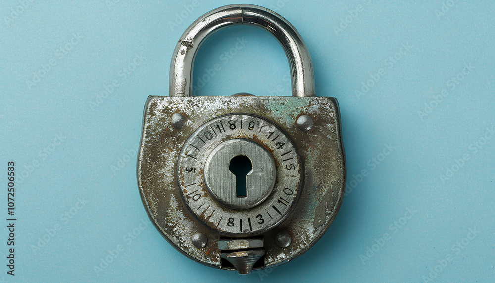 Steel combination padlock on light blue background, top view Steel combination padlock on light blue background, top view