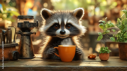 Charming raccoon enjoying coffee in a café setting, perfect for wall art, decoration, or whimsical backgrounds, capturing playful and cozy vibes. photo