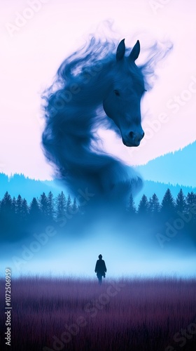 A surreal figure stands alone in a misty landscape while a large ethereal horse head emerges from swirling fog at dawn