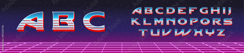 Fuente de galaxia retro, letras del alfabeto vectorial de los años 80 con efecto metálico, tipografía de juego de arcade de futurismo retro