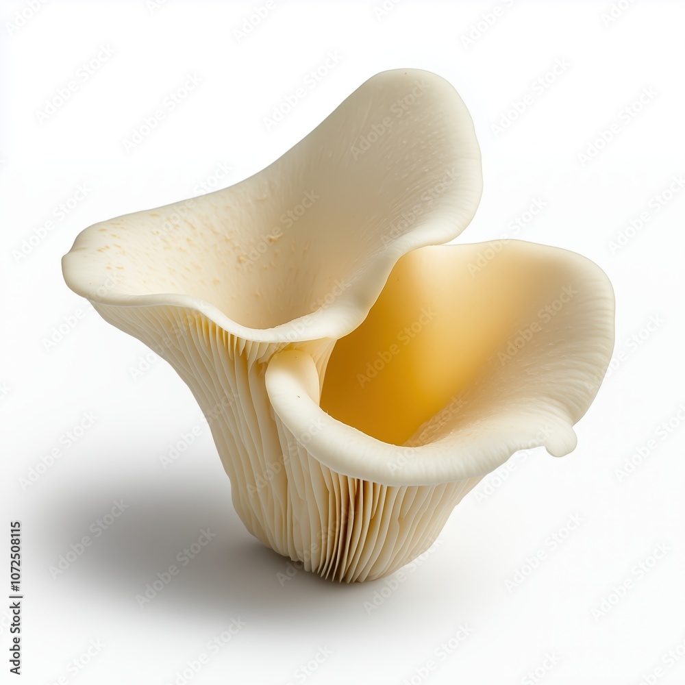 Elegant fresh trumpet mushroom with a slender ivory-white form on a clean white backdrop Elegant fresh trumpet mushroom with a slender ivory-white form on a clean white backdrop