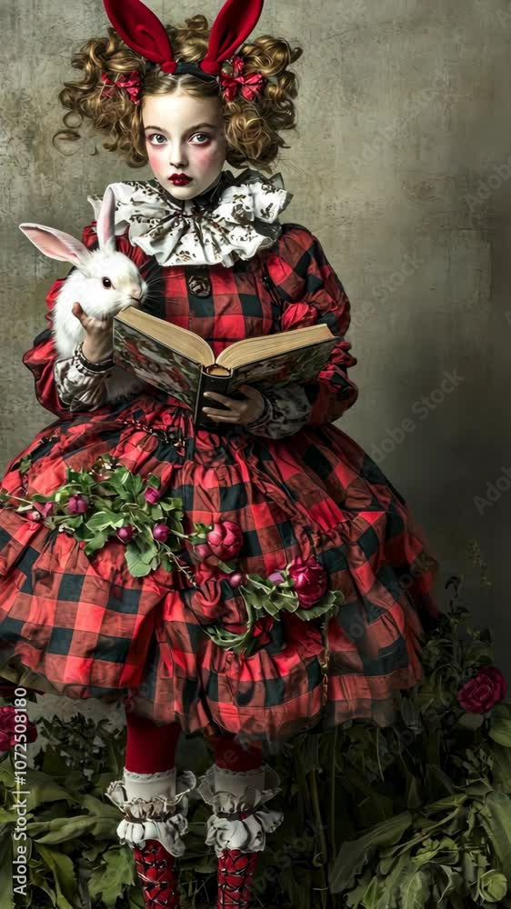 A young girl dressed in a red and black plaid dress with bunny ears holds a book and a white rabbit A young girl dressed in a red and black plaid dress with bunny ears holds a book and a white rabbit