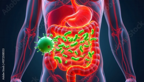 Human digestive system with E coli bacteria spread