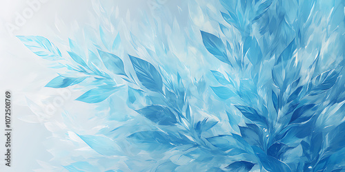 Abstract frost-inspired leaves in shades of blue and white, creating a flowing, ethereal pattern that evokes a serene, wintery atmosphere with a sense of delicate movement and frozen beauty.