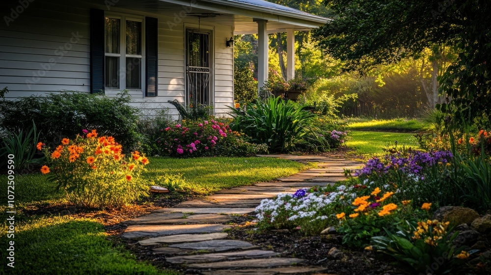 Fototapeta premium Stone Path Leading to a House Through a Flower Garden