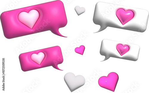 3d stickers happy valentines day, speech bubbles hearts love romantic decoration celebration vector illustration