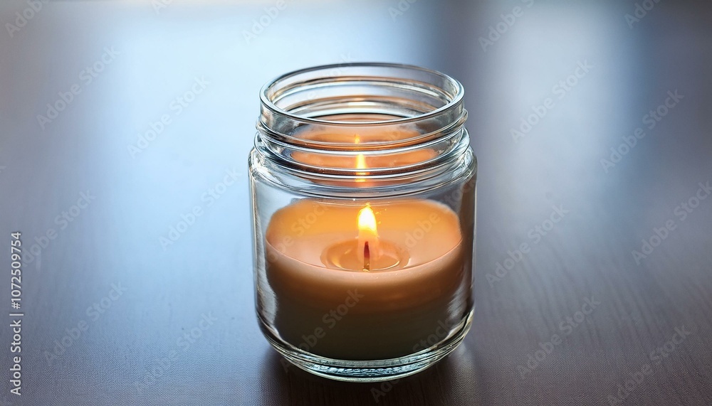 A single candle burns in a glass jar. A single candle burns in a glass jar.