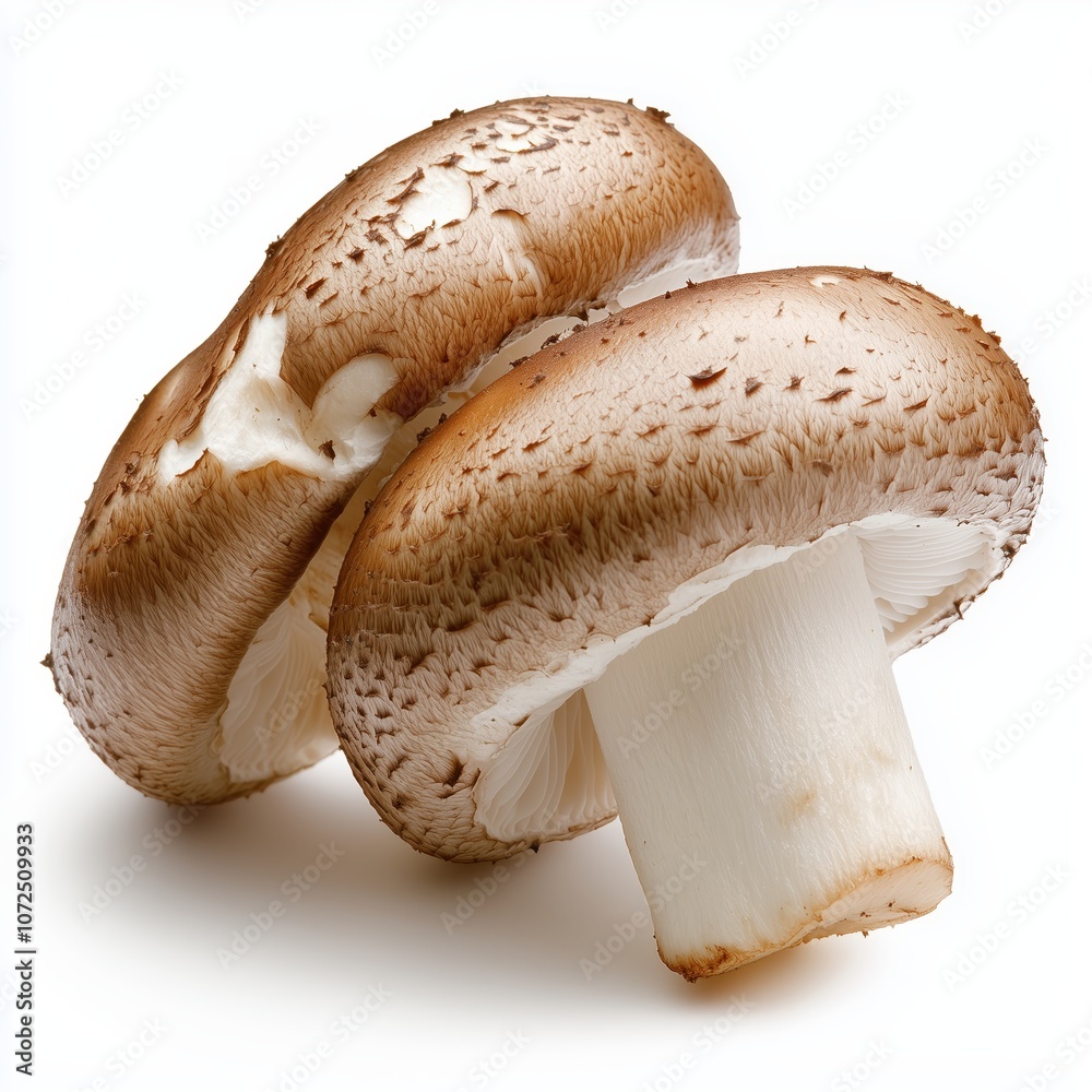 A single shiitake mushroom with a curled cap and fibrous stem on a bright white background A single shiitake mushroom with a curled cap and fibrous stem on a bright white background