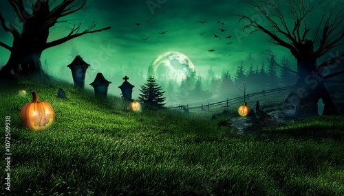 creepy halloween landscape banner background green created generative ai
