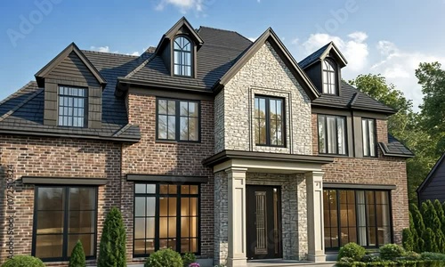 A two-story brick and stone house with a black roof, a large front porch, and a manicured lawn.