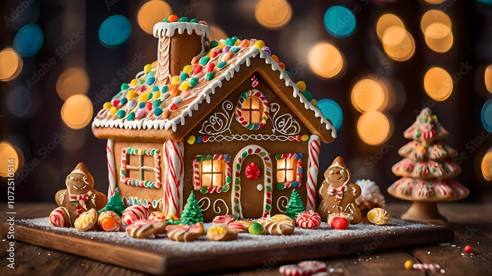 Naklejka premium beautiful decorated gingerbread house candies festive sprinkles bokeh lights joy Christmas treat holiday celebration