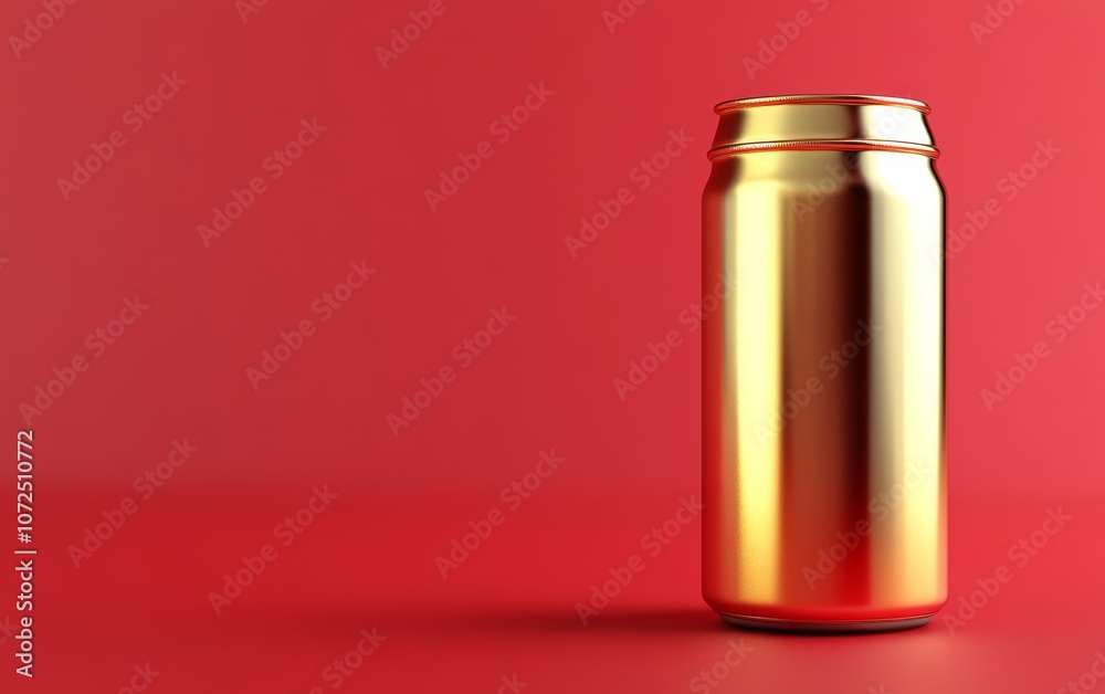 A shiny gold beverage can against a vibrant red background, emphasizing design and branding. A shiny gold beverage can against a vibrant red background, emphasizing design and branding.