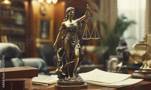 A bronze statue of Lady Justice, the symbol of justice, stands on a desk in a lawyer's office, representing the pursuit of fairness and legal proceedings.