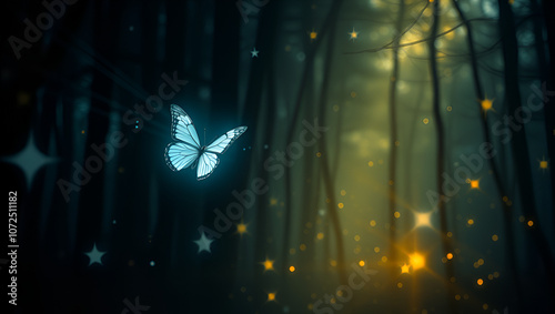 A lucent butterfly floats gracefully in a dimly lit forest, surrounded by enchanting light particles. The image evokes a sense of wonder and tranquility in a mystical woodland. photo