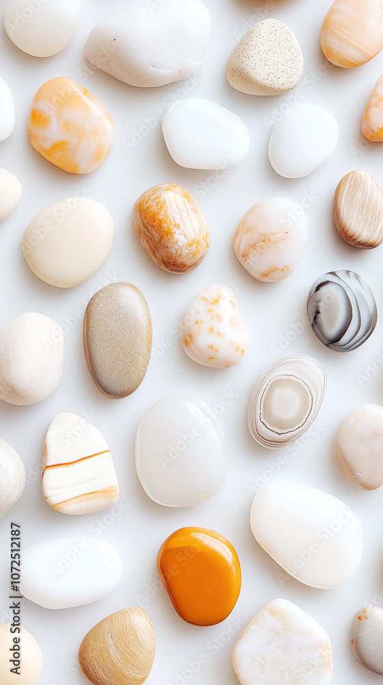 Colorful smooth stones are artistically arranged on a white background, creating a calming visual effect Colorful smooth stones are artistically arranged on a white background, creating a calming visual effect