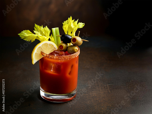 Spicy Bloody Mary cocktail garnished with celery, olives, and a lemon wedge. photo