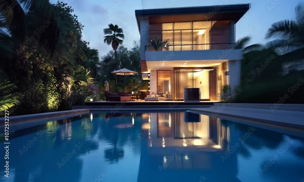 A Poolside View of a Modern Tropical Home at Twilight A Poolside View of a Modern Tropical Home at Twilight