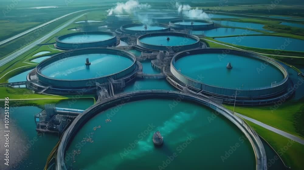 Aerial View of Water Treatment Plant with Circular Tanks, Suitable for Environmental Sustainability and Industrial Topics, Cool Blue and Green Tones Aerial View of Water Treatment Plant with Circular Tanks, Suitable for Environmental Sustainability and Industrial Topics, Cool Blue and Green Tones