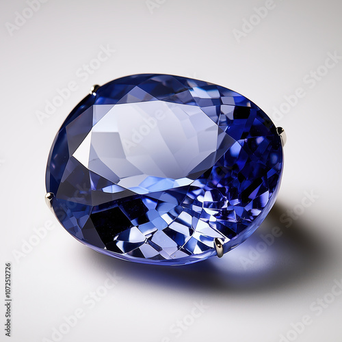 A stunning sapphire crystal displaying deep blue hues and intricate patterns on a bright background