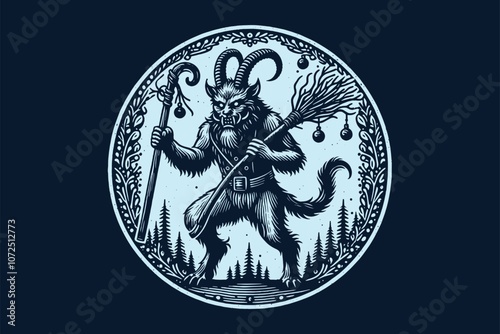 Krampus. Scary horned creature with a staff and broom. Hand drawn engraving vector illustration, round emblem, logo, cut out, isolated object