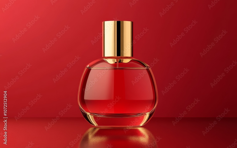 A sleek red perfume bottle, mock-up with a gold cap set against a vibrant red background. A sleek red perfume bottle, mock-up with a gold cap set against a vibrant red background.