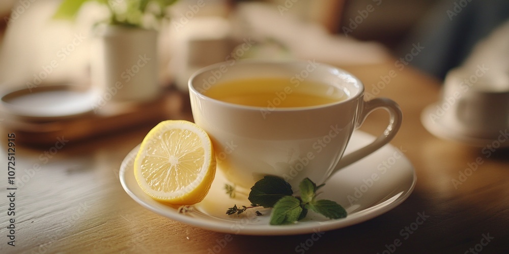 A warm cup of lemon tea sits on a wooden table. The tea is freshly brewed, golden in color, garnished with lemon and mint. Ideal for cozy moments or afternoon breaks. AI A warm cup of lemon tea sits on a wooden table. The tea is freshly brewed, golden in color, garnished with lemon and mint. Ideal for cozy moments or afternoon breaks. AI