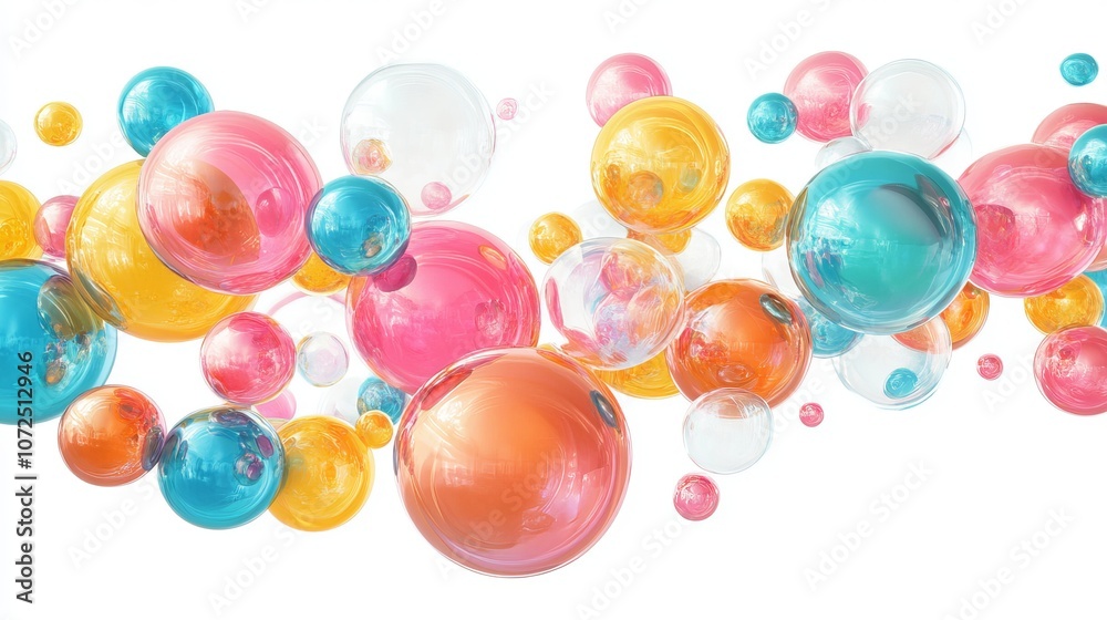 A 3D render of assorted pink blue green orange and gold glass balls bubbles and balloons isolated on a white background Simple colorful round shapes forming an abstract geometric A 3D render of assorted pink blue green orange and gold glass balls bubbles and balloons isolated on a white background Simple colorful round shapes forming an abstract geometric